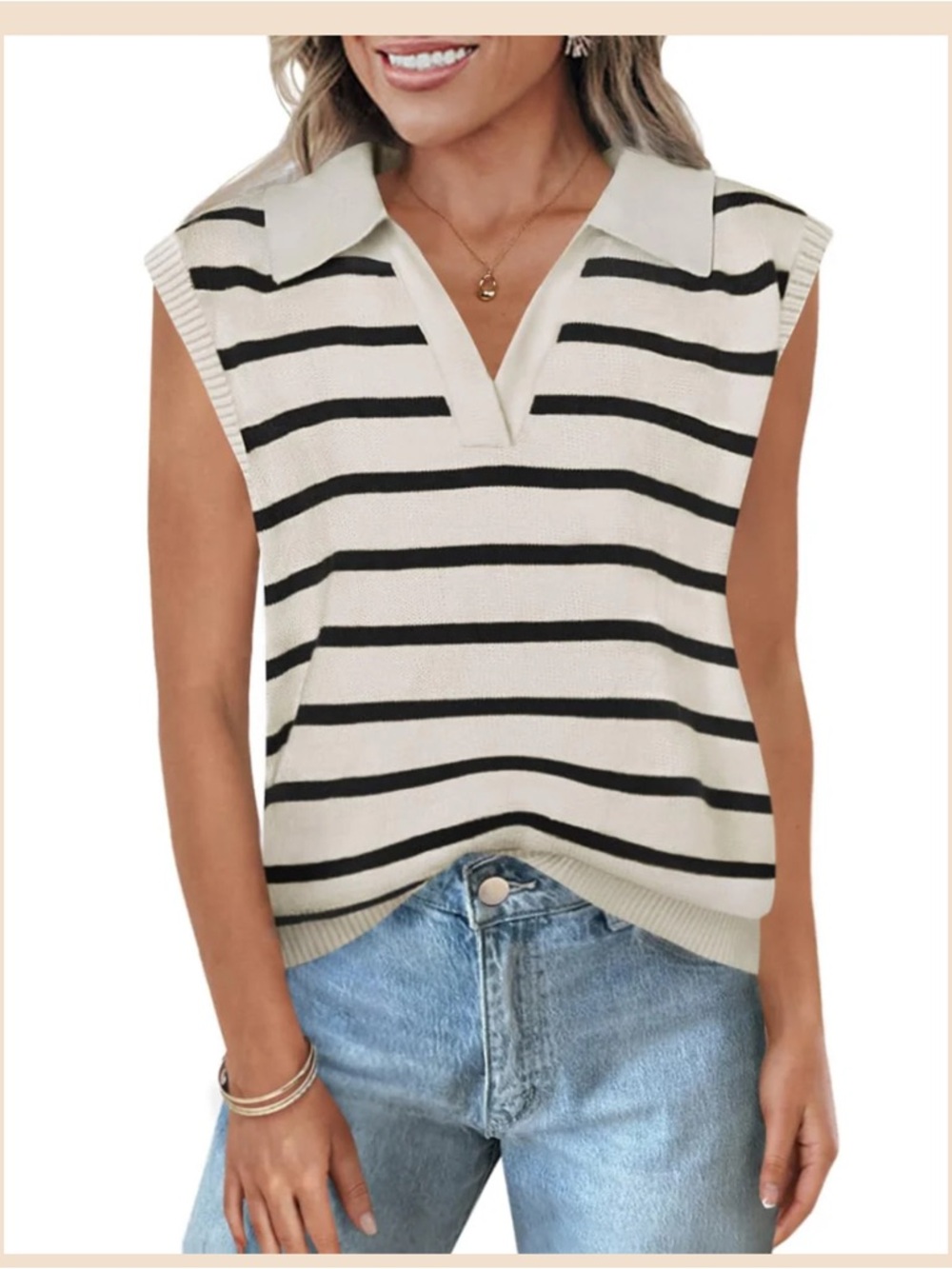 Zesica Cream and Black Ribbed Sleeveless Striped Knit Polo Preppy Top Size XL